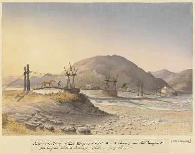 Puente colgante sobre el río Maipo, al sur de Santiago, 1851 — aprox. 1851 | Chile de Ayer