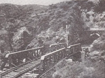Viaducto ferroviario sobre terreno montañoso boscoso — aprox. 1929 | Chile de Ayer