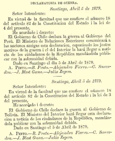 Declaración de guerra de Chile a Perú y Bolivia — aprox. 1879–1930 | Chile de Ayer