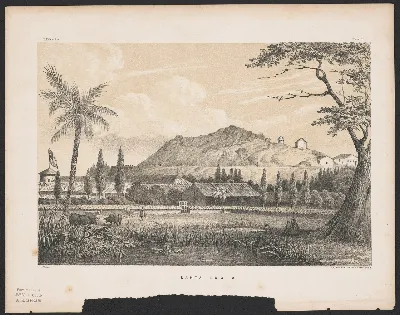 Cerro Santa Lucía con vegetación tropical y río en primer plano — aprox. 1855–1930 | Chile de Ayer