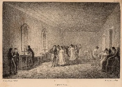 Tertulia con figuras en movimiento y columnas clásicas — aprox. 1824–1930 | Chile de Ayer