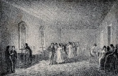 Tertulia en casa santiaguina con ventanales altos — aprox. 1824–1930 | Chile de Ayer