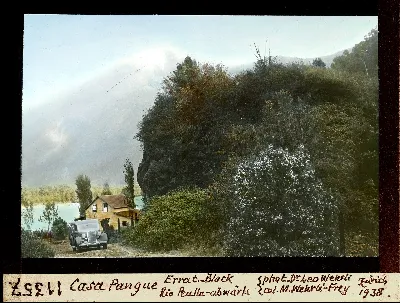 Diapositiva coloreada de Casa Pangue bajando hacia Peulla, 1938 — aprox. 1938–1940 | Chile de Ayer