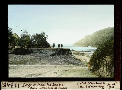 Lago Todos los Santos hacia Peulla visto desde Villa Roth con caballos en el mirador — aprox. 1938–1940 | Chile de Ayer