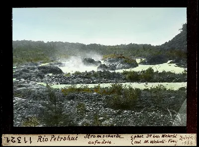 Rápidos del río Petrohué aguas arriba, diapositiva coloreada por M. Wehrli-Frey — aprox. 1938–1940 | Chile de Ayer