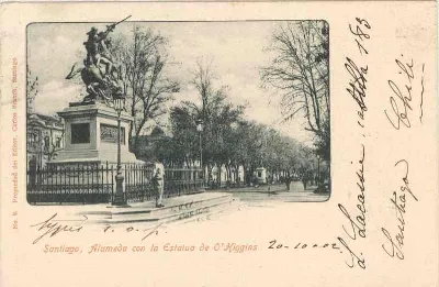 Alameda de Santiago con la estatua de O'Higgins — aprox. 1900–1930 | Chile de Ayer