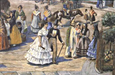 Plaza de Armas de Santiago, detalle de óleo: damas con miriñaque y caballeros de chistera — aprox. 1850 | Chile de Ayer