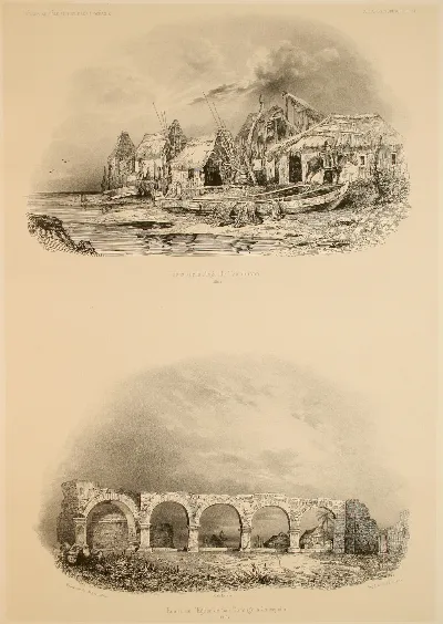 Casas en la playa de Talcahuano y ruinas de la iglesia Santo Domingo en Concepción — aprox. 1846 | Chile de Ayer
