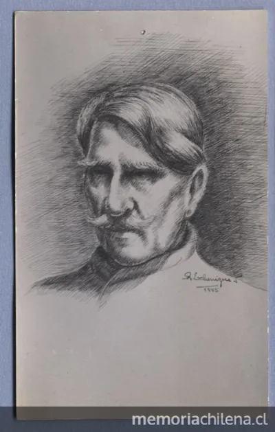 Alberto Ghiraldo, dibujo del retrato frontal de rostro — 1945 | Chile de Ayer
