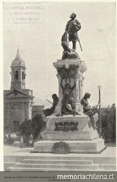 Estatua de Fernando de Magallanes inaugurada el 14 de diciembre de 1920, en la ciudad de Punta Arenas — 1930 | Chile de Ayer
