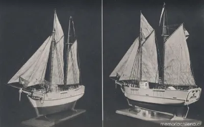 Goleta de Guerra Ancud. Vista de la maqueta desde proa y popa, hacia 1900 — 1900 | Chile de Ayer