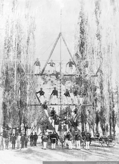 Grupo de bomberos durante ejercicios, hacia 1880 — 1880 | Chile de Ayer