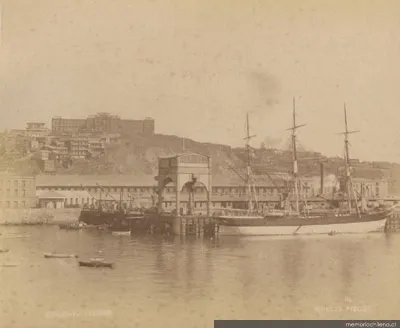 Muelle Fiscal con velero de tres mástiles atracado — 1890 | Chile de Ayer