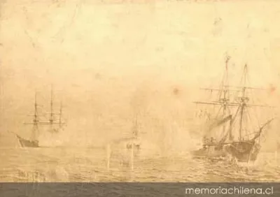 La Magallanes atacada por la Unión y Pilcomayo, 1879 — 1879 | Chile de Ayer