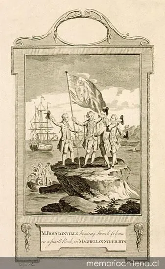 M. Bougainville hizando los colores franceses en una pequeña roca en el Estrecho de Magallanes, 1766 — 1766 | Chile de Ayer
