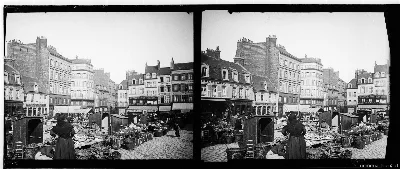 Mercado en la plaza Boulogne-sur-Mer, Francia, mayo 1907 — 1907 | Chile de Ayer