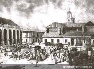 Plaza de Armas de Santiago con carruajes y multitud, 1850 — 1850 | Chile de Ayer