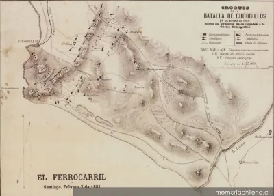 Croquis de la Batalla de Chorrillos, 13 de enero de 1881 : según los primeros datos llegados a la oficina hidrográfica — 1881 | Chile de Ayer
