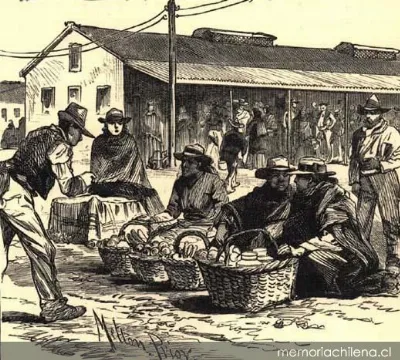 Vendedores de queques y frutas en las afueras de una pulpería, hacia 1890 — 1889 | Chile de Ayer