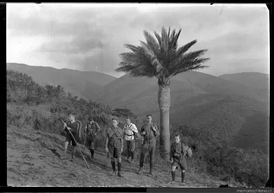 Grupo de scouts junto a palma, hacia 1900 — 1900 | Chile de Ayer