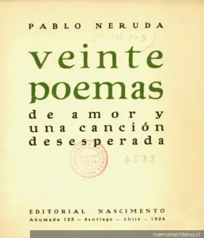 Portada de Veinte poemas de amor y una canción desesperada, 1924 — 1924 | Chile de Ayer