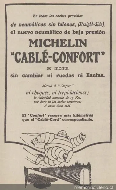 Michelin: cablé-confort, se monta sin cambiar ni ruedas ni llantas — 1925 | Chile de Ayer