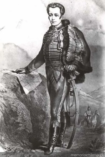 José Miguel Carrera con mapa y uniforme militar — 1785 | Chile de Ayer