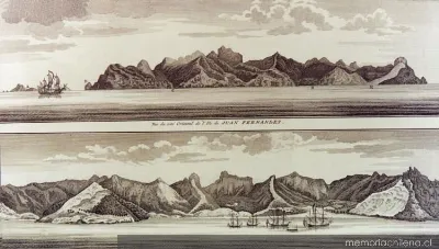 Vista de la costa oriental de la isla Juan Fernández, 1750 — 1750 | Chile de Ayer