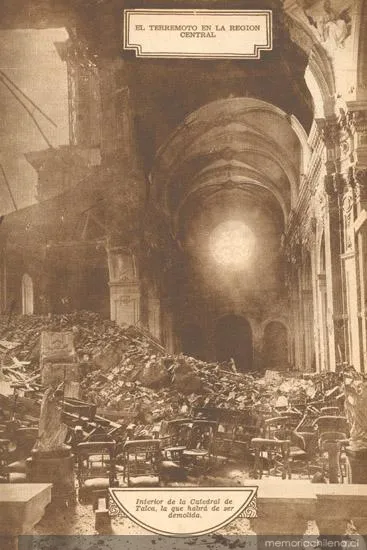 Terremoto en la región central: interior de la Catedral, 1928 — 1928 | Chile de Ayer