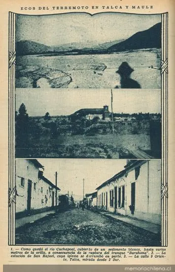 Consecuencias del terremoto de Talca: río Cachapoal, estación de San Rafael, calle 3 Oriente, 1928 — 1928 | Chile de Ayer