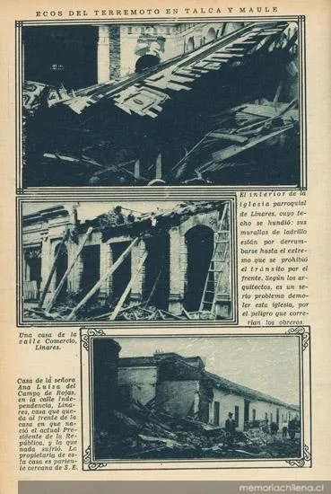 Consecuencias del terremoto de Talca: Iglesia Parroquial de Linares, casa de la señora Ana Luisa del Campo de Rojas, en calle Independencia en Linares, 1928 — 1928 | Chile de Ayer