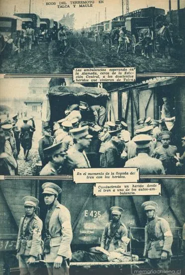 Consecuencias del terremoto de Talca: heridos y ambulancias esperando en la Alameda, 1 de diciembre de 1928 — 1928 | Chile de Ayer