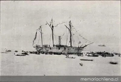 La Covadonga después de la hazaña de Punta Gruesa, 1879 — 1879 | Chile de Ayer