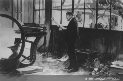 José Toribio Medina junto a su imprenta, 1925 — 1925 | Chile de Ayer