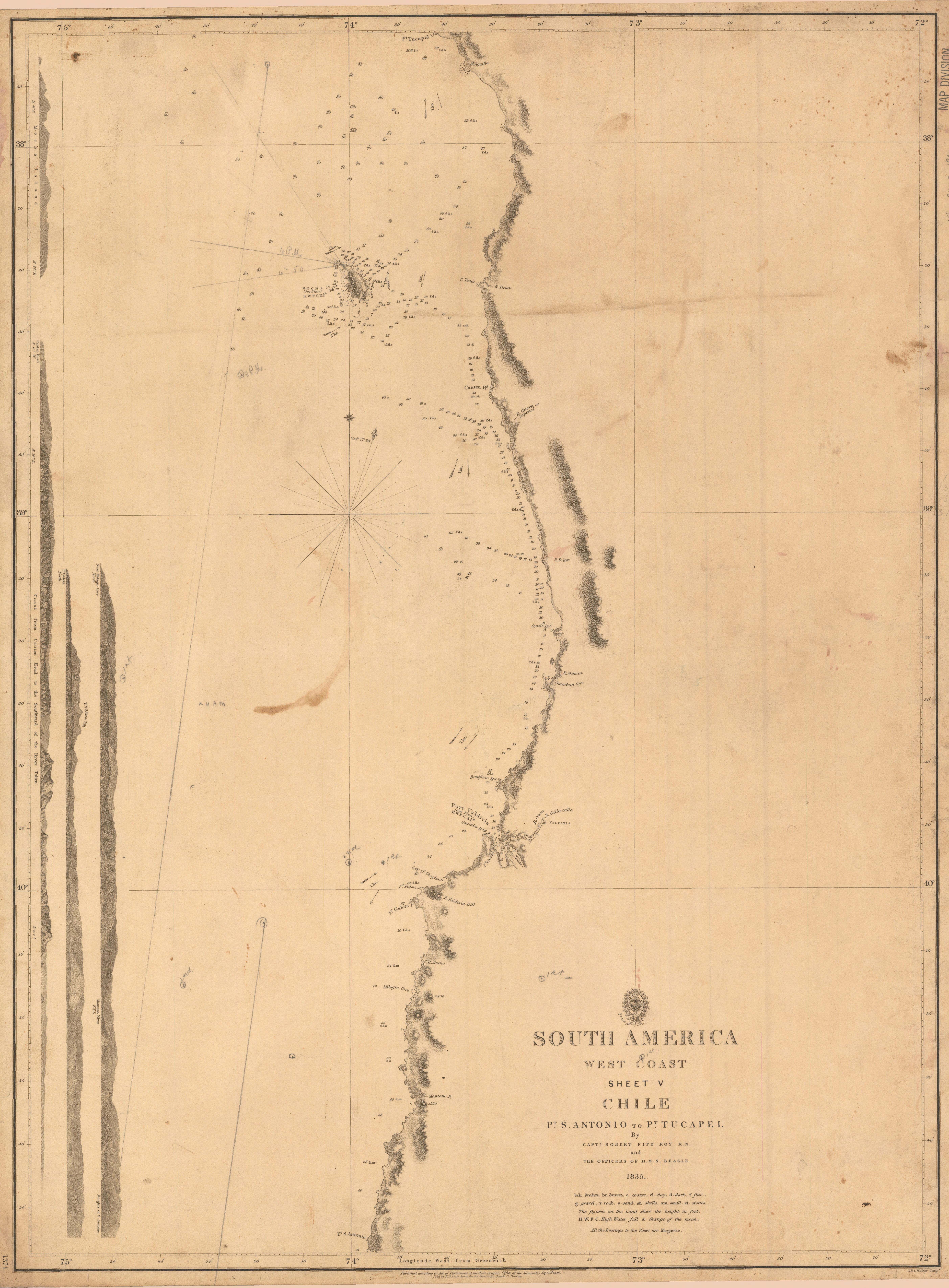 Admiralty Chart No 1374 South America Sheet V Chile Pt. S. Antonio to Pt. Tucapel, Published 1835