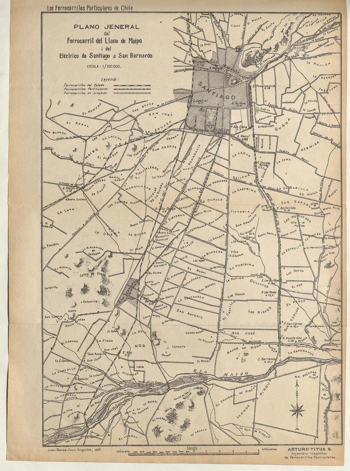Plano general del Ferrocarril del Llano de Maipo y del Eléctrico de Santiago a San Bernardo — Santiago — 1910 | Chile de Ayer