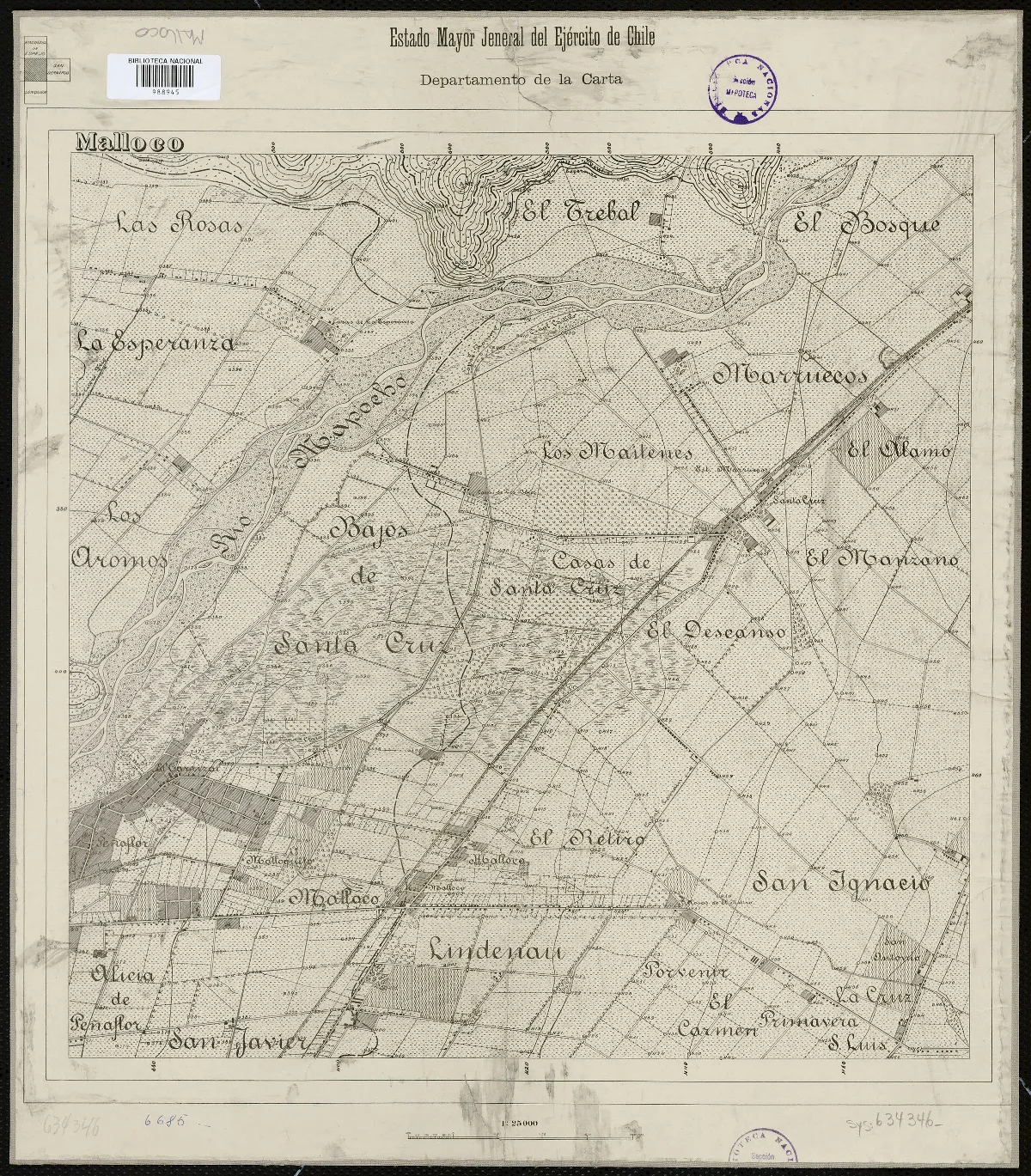 Malloco (material cartográfico) Estado Mayor Jeneral del Ejército de Chile, Departamento de la Carta — Santiago — 1910 | Chile de Ayer