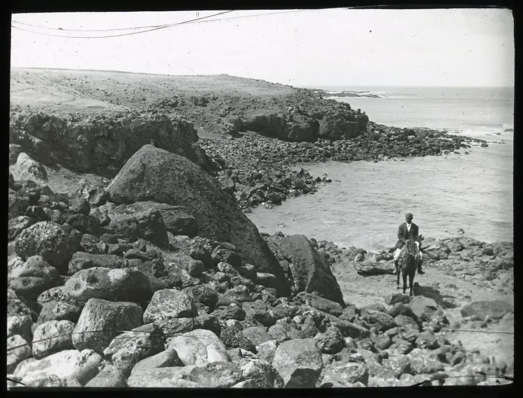 Landscape view, beside the coast, with a moai fallen on its back, towards the sea, and a man sitting on a horse for scale; Ahu Tetenga, Oc,G.T.1498, Mana Expedition to Easter Island, British Museum — Isla de Pascua — 1914 | Chile de Ayer