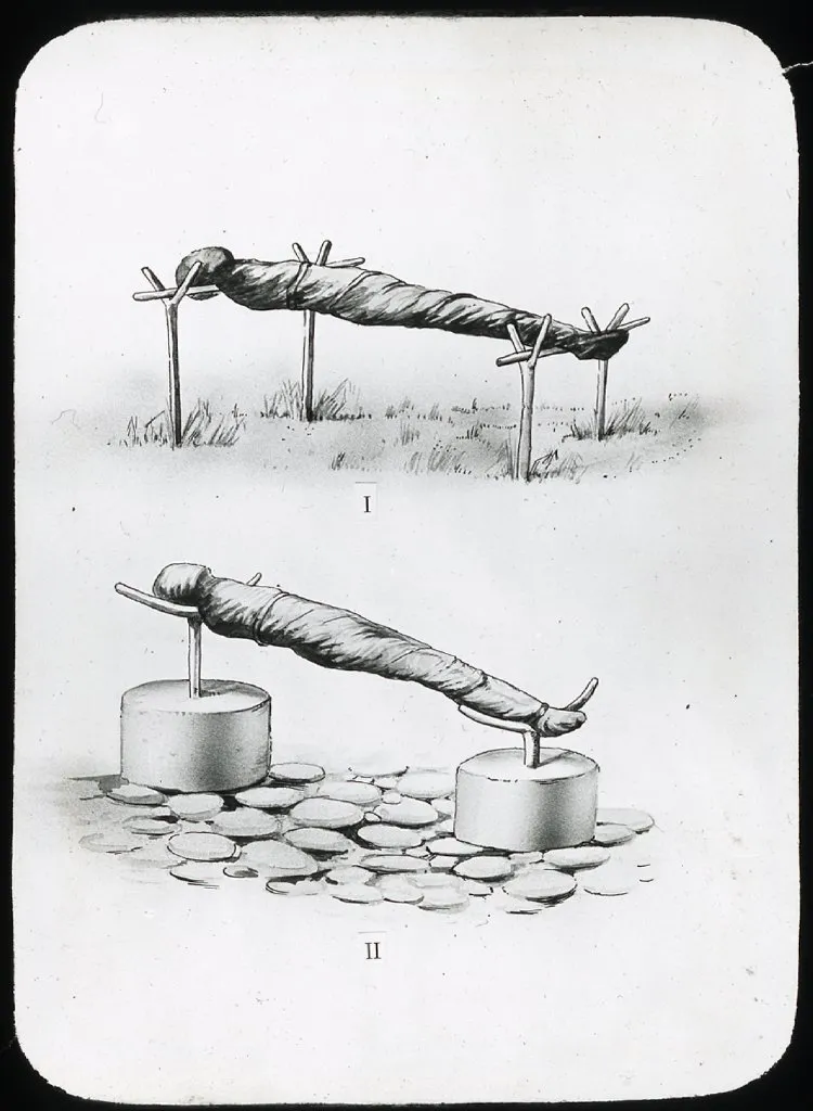 Lantern Slide, of two sketches; figures i and ii each depict a mummified body, part of a funeral ritual(?) balanced horizontally onto wooden sticks. Oc,G.T.1726, Mana Expedition to Easter Island, British Museum — Isla de Pascua — 1914 | Chile de Ayer