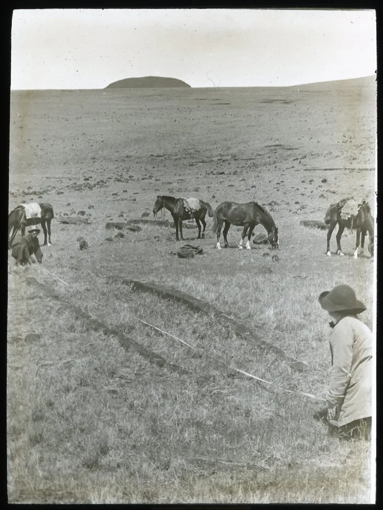 Two Polynesian(?) men kneeling on the ground, measuring the length of the foundations of a hare paenga; four horses grazing in the background; slopes of Poike visible in background; Oc,G.T.1637, Mana Expedition to Easter Island, British Museum — Isla de Pascua — 1914 | Chile de Ayer
