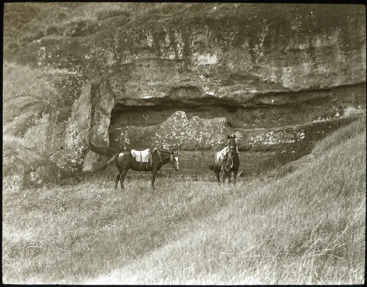 Two horses next to unfinished moai, Rano Raraku, Oc,G.T.2606, Mana Expedition to Easter Island, British Museum — Isla de Pascua — 1914 | Chile de Ayer