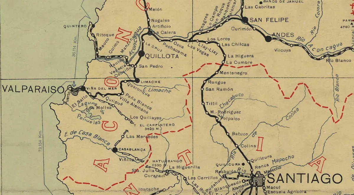 Mapa de los ferrocarriles de Chile - Ferrocarril Santiago Valparaiso (1929) — Municipalidad de Valparaíso — 1929 | Chile de Ayer