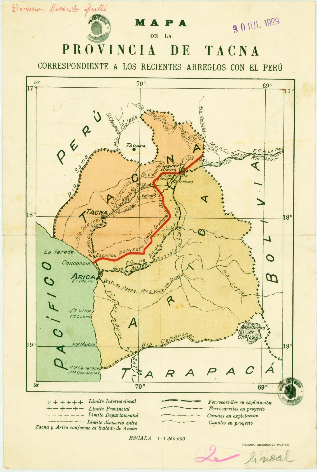 Mapa de la Provincia de Tacna correspondiente a los recientes arreglos con el Perú (1929) — Arica — 1929 | Chile de Ayer
