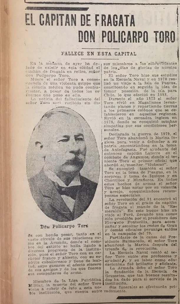 Nota necrológica de Policarpo Toro — 1921 | Chile de Ayer