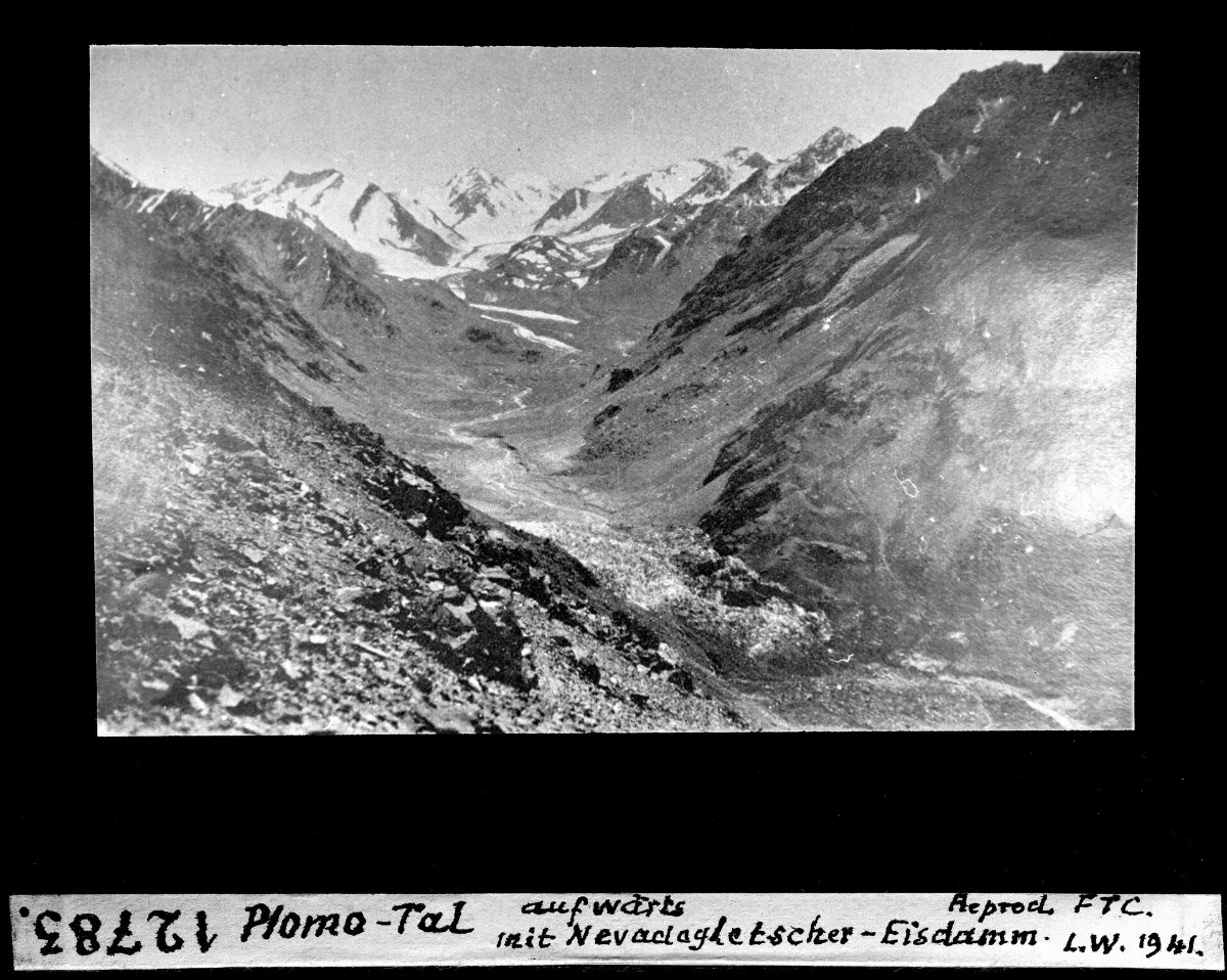 Plomo-Tal, aufwärts mit Nevadogletscher-Eisdamm — 1941 | Chile de Ayer