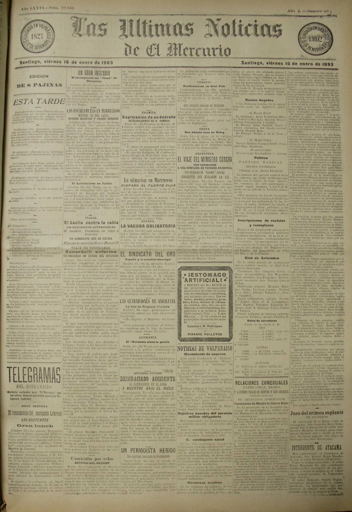 Las Últimas Noticias de El Mercurio (16 de enero de 1903) — 1903 | Chile de Ayer
