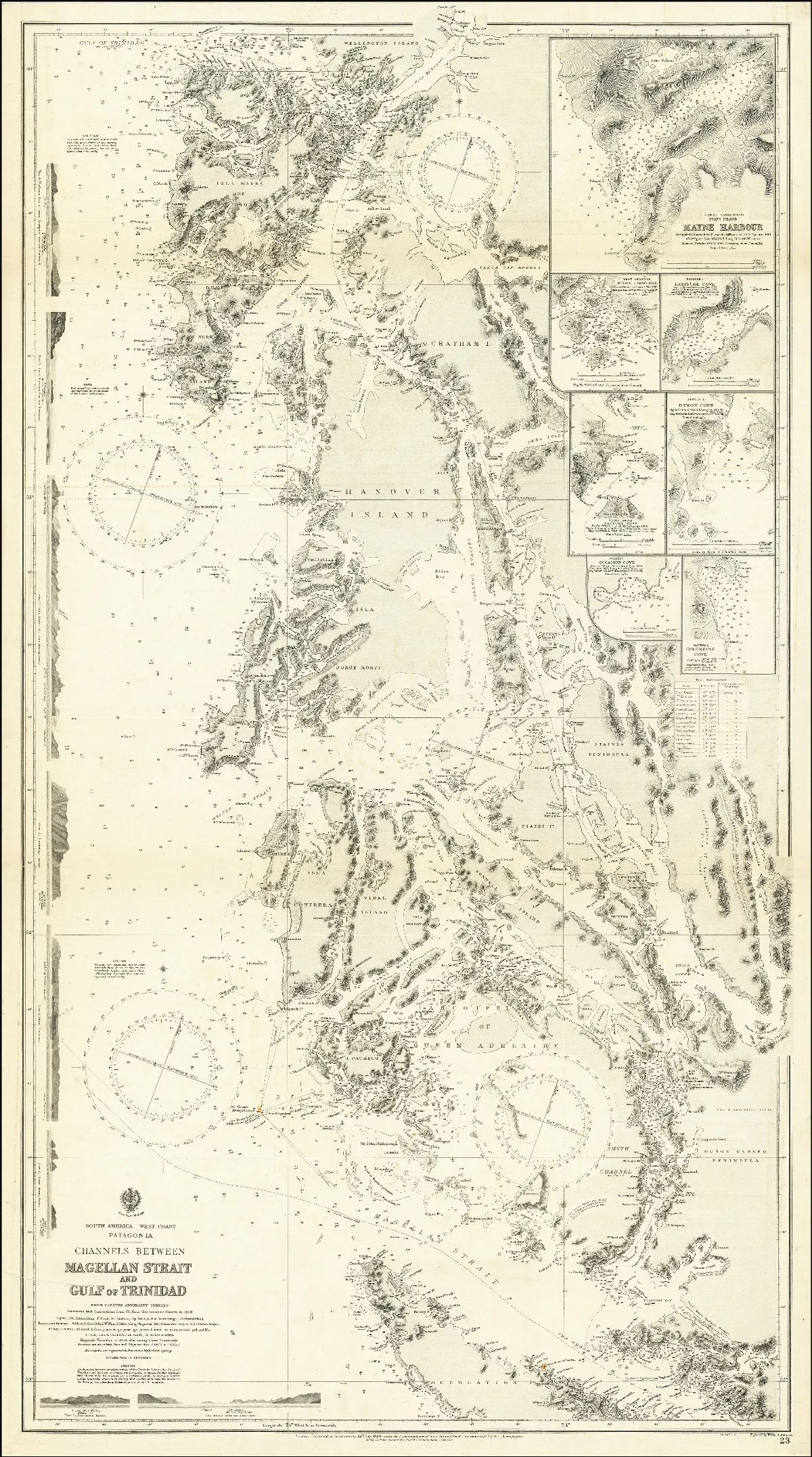 Admiralty Chart No 23 Patagonia -- Channels Between Magellan Strait and Gulf of Trinidad From Various Admiralty Surveys Additions and Corrections from Chilean Government Charts to 1918, Published 1920 — 1920 | Chile de Ayer