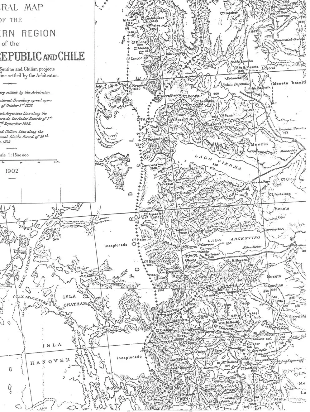 Mapa del laudo de 1902 entre Argentina y Chile en la zona del Campo de Hielo Patagónico Sur — 1902 | Chile de Ayer