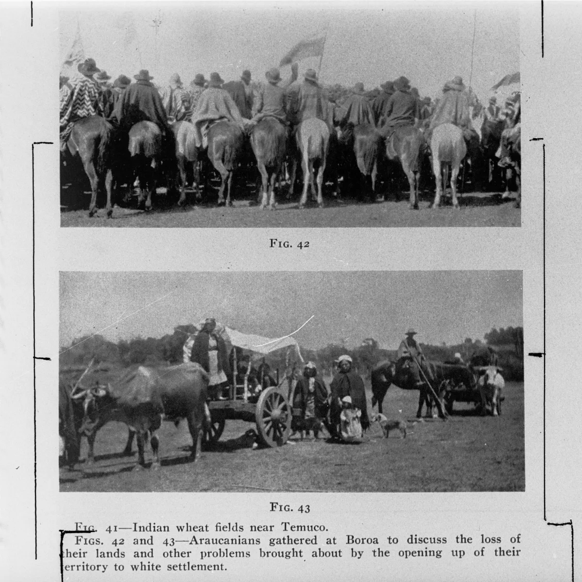 Araucanians gathered at Boroa to discuss the loss of their lands and other problems brought about by the opening up of their territory to white settlement - two photographs — Temuco — 1915 | Chile de Ayer