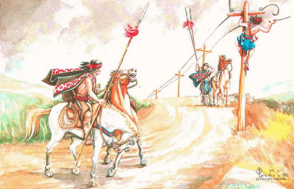 Indios araucanos cortando los cables telegraficos, 1871 — Temuco — 1871 | Chile de Ayer